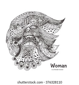 Woman. Hand-drawn woman's head patterned with ethnic doodle pattern. Zendala, design for meditation, vector illustration, isolated on a light patterned background. Zen doodles.