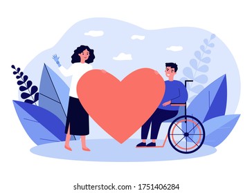 Woman and handicapped man holding big heart. Love, together, nursing flat vector illustration. Care, aid and relationship concept for banner, website design or landing web page