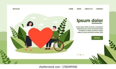 Woman and handicapped man holding big heart. Love, together, nursing flat vector illustration. Care, aid and relationship concept for banner, website design or landing web page