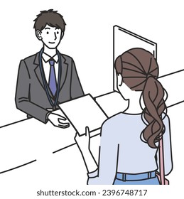 A woman handing documents at the counter