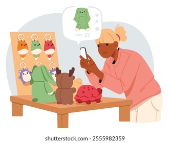 Woman handmade toy master character shooting photo video content by smartphone for internet shop online market cartoon scene. Handicraft small business promotion digital marketing vector illustration