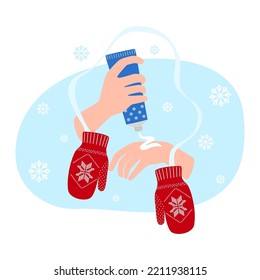 Woman hands apply cream from tube.Using moisturizing cream on winter season concept. Hand cream for cold weather. Warm winter mittens. Vector illustration.