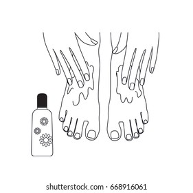 Woman hands applying cream at the bared feet. Pedicure line art. Vector illustration