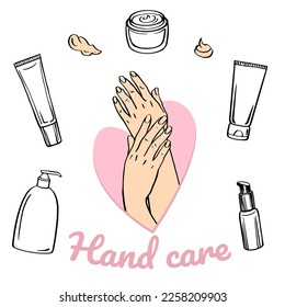 Woman hands applying cream. Hand care vector illustration. Collection of hand cream tubes. White and black doodle hand cream.