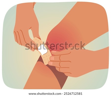 Woman hands applying plaster to scratch injury closeup. Applying bandage patch to skin cut trauma on wounded leg knee. Wound first band aid medical treatment, health, medicine flat vector illustration