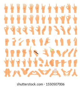 Woman hands and arms expressions. Women hand sign big set, ok and love heart, help handshake and press touch, praying and meditation, good and small
