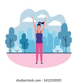 woman with hands up avatar cartoon character in the park cityscape vector illustration graphic design