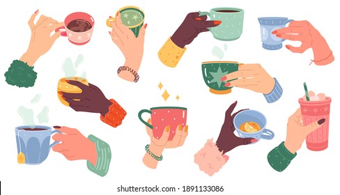 Woman hands with beverage cups. Female arms with manicure hold different mugs with hot drink, coffee, cocoa and tea. Colorful tableware for morning drinks collection modern cartoon vector isolated set