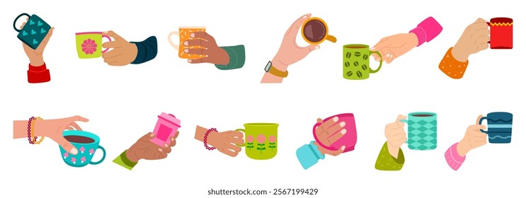 Woman hands with beverage cups. Female arms with manicure hold different mugs with hot drink, coffee, cocoa and tea. Colorful tableware for morning drinks collection modern cartoon vector isolated set