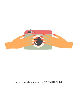 Woman hands with camera. Cute cartoon image. Isolated on white. Vector illustration.