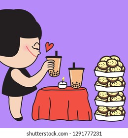 Woman Hands Cheer With Bubble Milk Tea. Girl Makes A Toast With Boba Milk Tea In Glass To Cookie Plate In Front Of Her. Sweettooth Person With Drink Beverage And Treats Concept Card Character illustra