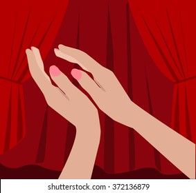 Woman hands clapping and cheering,curtain is down in a theater, play is finished, girl hands with short nails vector illustration