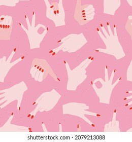 Woman hands with classy red nails manicure vector seamless pattern. Girl Power inspirational hand gestures background. Red Pink aesthetic feminine backdrop. Women International Day design.