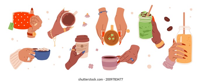 Woman hands with coffee cups, tea, coctails, hot drinks and beverage. Female hand holding cups, mugs, glass jar. Flat vector cartoon illustration in doodle style.