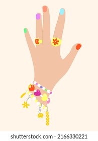 Woman Hands With Colorful Manicure, Rings, Bead Friendship And Charm Bracelet. Cute 00s 90s Retro Style Trendy Accessories. Y2k Aesthetic. Cartoon, Flat Design, Vector Illustration. 