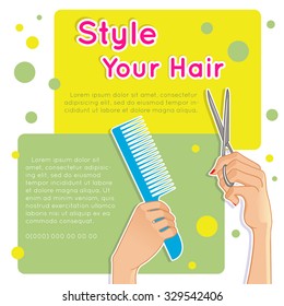 Woman hands with comb and scissors on stylish background for your text, vector image, eps10