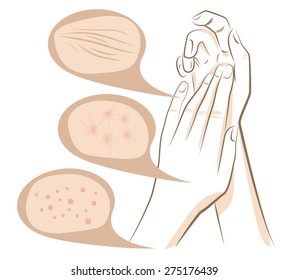 Woman hands concept of anti aging procedures on skin, vector line sketch