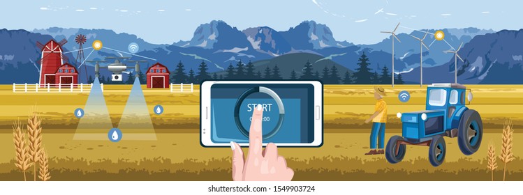 Woman hands controlling wireless farm field from smart phone tablet app. Red barn, drone watering and tractor with windmill on background. Blue mountains and sky. Agriculture vector