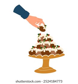 Woman hands cooking, decorating home-baked Christmas cake. Christmas bakery. Festive food, cooking process, family culinary, Christmas and New Year traditions concept vector cartoon illustration. 