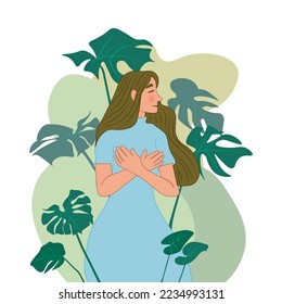 Woman with hands crossed, feeling self love, bliss, harmony, positive emotion. she is surrounded by green monstera leaves and tropical plants.
flat vector illustration. 