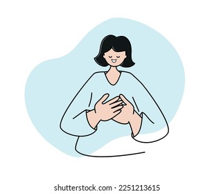 Woman with hands crossed on chest. Positive emotions concept. Happiness, gratitude, good mood, positivity.