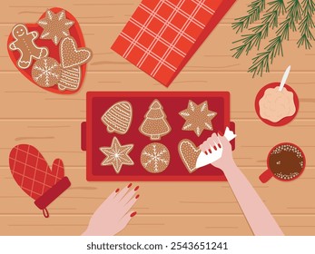 Woman hands decorating gingerbread cookies with sugar glaze flat vector illustration. Woman making Christmas gingerbread cookies top view