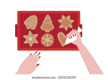 Woman hands decorating gingerbread cookies with sugar glaze flat vector illustration. Woman making Christmas gingerbread cookies top view on white background