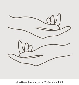 Woman Hands Delicate Rejuvenating, Elegant female hands, Realistic Gestures, Line Art,Modern single line art. Vector illustration.Vector Illustration