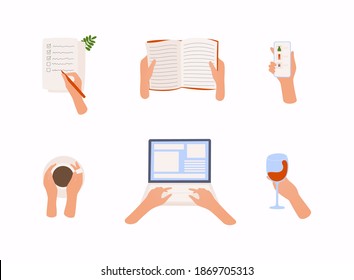 Woman hands in differends poses.  Reed book, work, online schopping, drink coffee, wine. Colorful vector illustration in flat style.