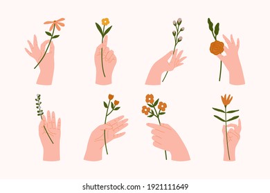 Manos de mujer en diferentes gestos sosteniendo ramos o ramos de flores florecientes ilustración de vector plano.