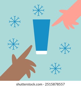 A mulher entrega nacionalidades diferentes aplicando a nata do tubo. Usando hidratante na estação de inverno. Creme de mão para o tempo frio. Ilustração de vetor plano.