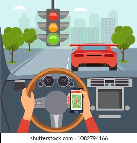Woman hands of a driver on steering wheel of a car. Traffic light. Vector flat style illustration