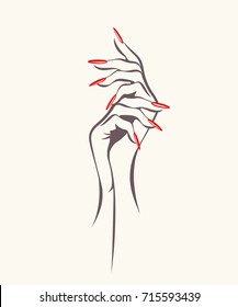 Woman Hands With Elegant Manicure And Red Nail Polish.Nails Salon Vector Illustration.