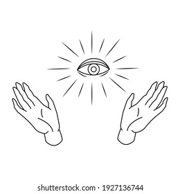 Woman hands and eye of Providence in outline. Tattoo design. All seeing eye.