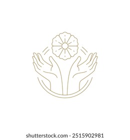 Mulher mãos com flor flor flor em círculo moldura dourada ilustração do vetor ícone da arte da linha. Flor floral elegante em braços emblema logotipo de luxo para cuidados com a pele manicura cosmética beleza salão de jardinagem