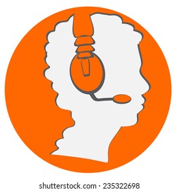 Woman in hands free head. Woman head vector icon. Communication concept. In cut paper style. Woman profile in orange circle icon. Eps 10.On white background.
