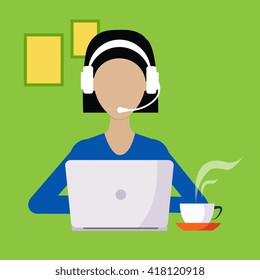 Woman With Hands Free And Lap Top Working Freelance Flat Vector Illustration In Bright Colorful Simplified Infographic Style 