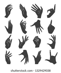 Woman Hands Gestures Silhouettes. Female Hand With Nails Gesture Black Icons, Womans Arms Vector Illustration Isolated On White