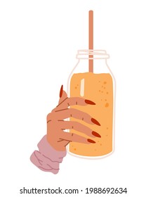 Woman hands with glass jar, juice, coctail and beverage. Female hand with red long nails manicure holding glass bowl with milkshake. Flat vector cartoon illustration in doodle style.