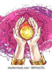 Woman hands with henna holding lit candle on pink ornamental background; vector illustration in sketch style; diya decoration, Indian festival of lights, happy Diwali (Shubh Diwali) celebration