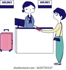 A woman hands her passport to a ground attendant.