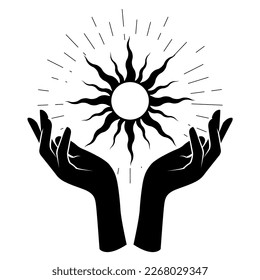 Woman hands hold black sun, occultism and mysticism, spells and witchcraft, star, vector 