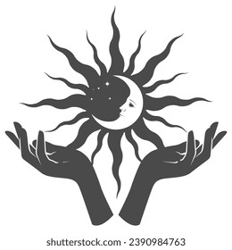 Woman hands hold black sun with moon inside on palms, occultism and mysticism, magic spells and witchcraft, vector