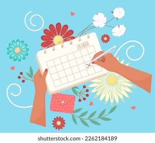 Woman hands hold calendar vector. Cartoon female arm writing cross on important day. Planning, menstruation periodic cycle or ovary list