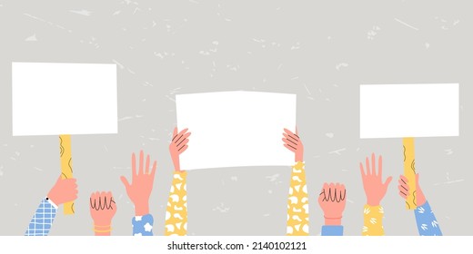 Woman hands hold empty banners with place for text. Flat vector illustration. Group of person with posters at protest meeting or demonstration.