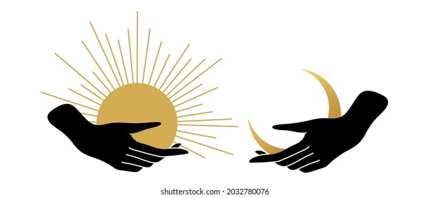 Woman hands hold the sun and the moon. Wicca, alchemy, mystical, magic, celestial, esoteric, sacred, spiritual, occultism inspired concept. Witch hands. Hand drawn vector