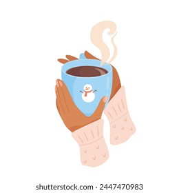 Woman hands holding blue cup with coffee, tea, chocolate. Hot drink for breakfast, break, winter evening in ceramic mug. Cartoon vector illustration isolated on white background.