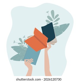 Woman hands holding book. Female hands holding books. Elegant girl in a  reading literature. Read books lover. Education, literacy day concept. Book swap, bookstore, library vector illustration