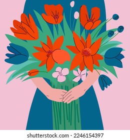 Woman hands holding bouquet of blooming flowers. Happy Mother's day greeting card. Woman's day. Arms holding a bunch of flowers. Concept of Valentine's Day, relationship, love. Flat illustration