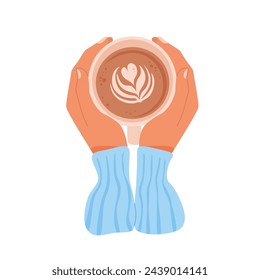 Woman hands holding ceramic cup with coffee. View of mug from above. Flower is painted on foam from coffee. Hot drink for breakfast, break, winter evening. Cartoon vector illustration.